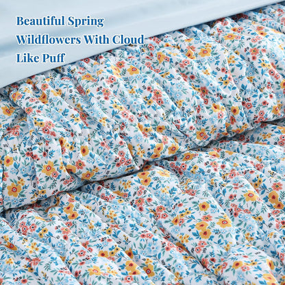 Full Size Comforter Sets - 3 Pieces Blue Ruched Floral Full Bedding Set