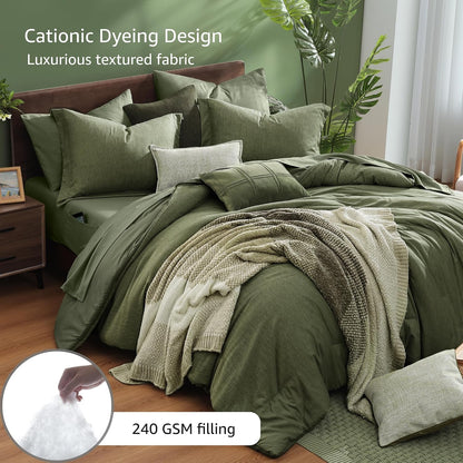 Monbix King Size Comforter Set Olive Green 7 Pieces Bed in a Bag