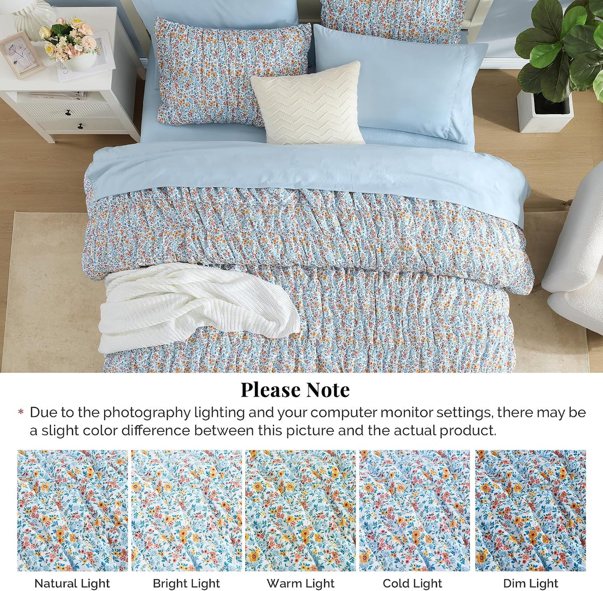 Full Size Comforter Sets - 3 Pieces Blue Ruched Floral Full Bedding Set