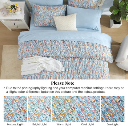 Full Size Comforter Sets - 3 Pieces Blue Ruched Floral Full Bedding Set