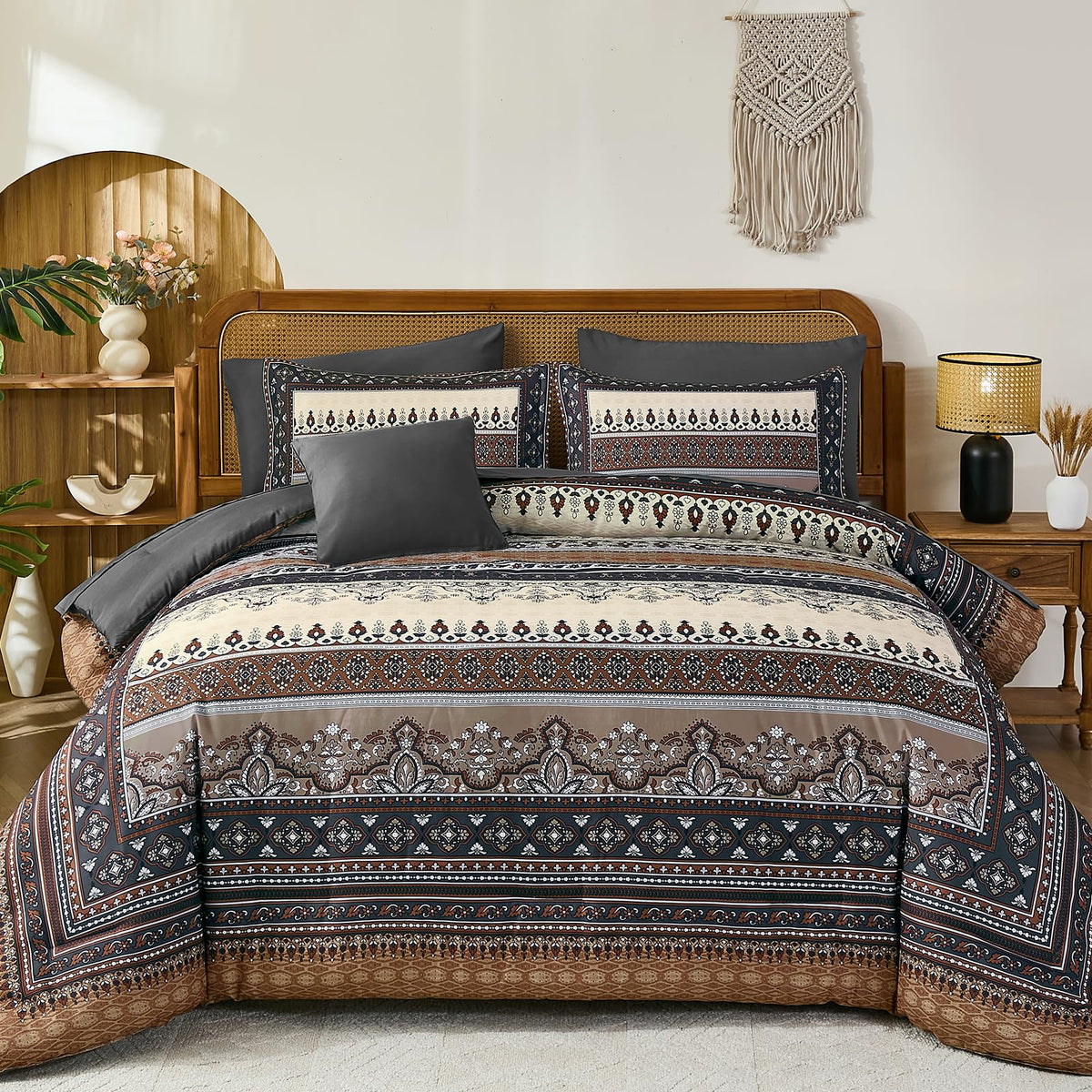 Cottolester Boho Comforter Set Queen Size 8 Piece Bed in a Bag Bohemian Striped Bedding Quilt Set Aqua Paisley Floral Comforter and Sheet Set,Soft Microfiber Complete Bedding Sets for All Season