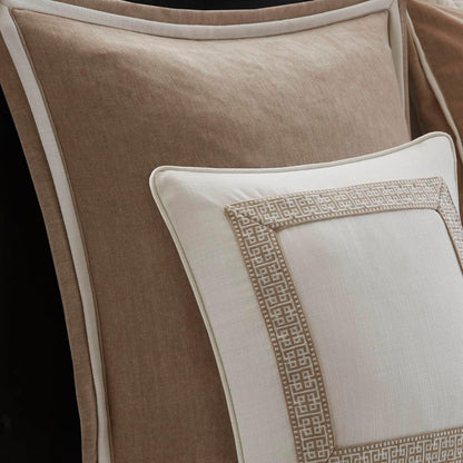Madison Park Signature Oversized King Comforter Set, Luxury Hotel Style Bedding with Embroidered Details, All Season Down Alternative Comforter, Matching Shams & Decorative Pillows, Ivory/Tan, 9 Piece