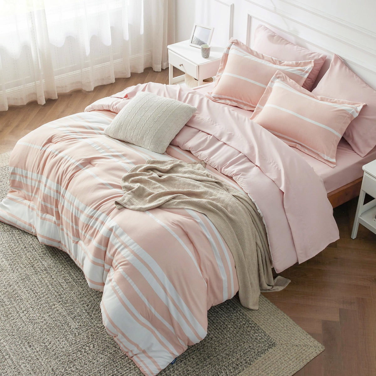 Bedsure Full Comforter Set 7 Pc, Grey Striped, Reversible, All-Season