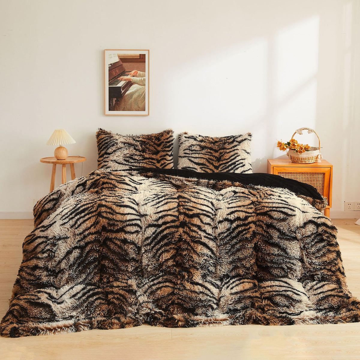 XeGe Cheetah Print Fluffy Faux Fur Duvet Cover Set, Queen, Leopard Brown