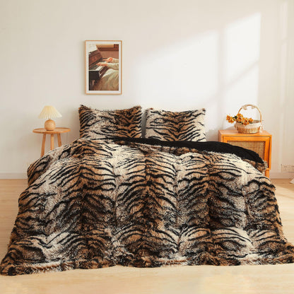 XeGe Cheetah Print Fluffy Faux Fur Duvet Cover Set, Queen, Leopard Brown