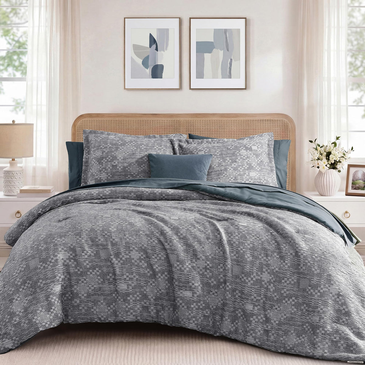 MaiRêve Queen Comforter Set Crinkle Textured Charcoal Grey Bedding 7 Pieces