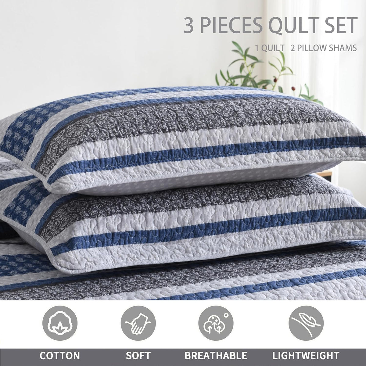 Homzard 100% Cotton Quilt Bedding Set Queen Size Striped Floral Bedspread
