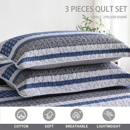 Homzard 100% Cotton Quilt Bedding Set Queen Size Striped Floral Bedspread