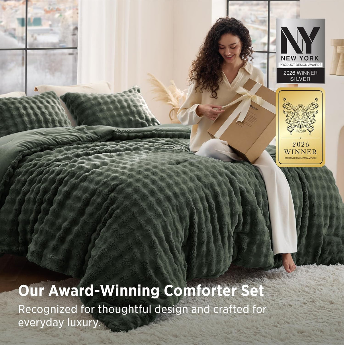 Bedsure 3D Cloud Bubble Comforter Fluffy Comforter Queen Dark Green 3 Pcs