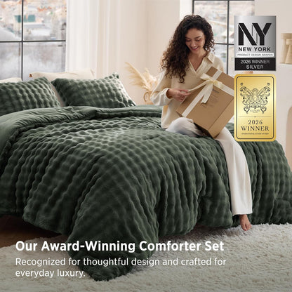 Bedsure 3D Cloud Bubble Comforter Fluffy Comforter Queen Dark Green 3 Pcs