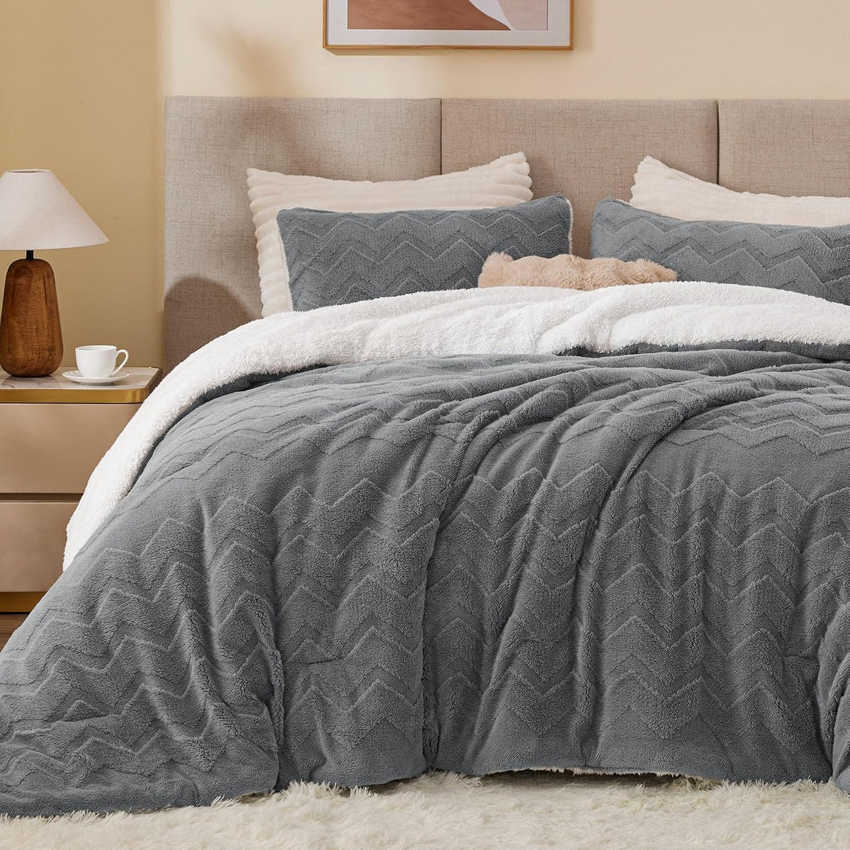BEDELITE Fluffy Sherpa Queen Comforter Set,Grey