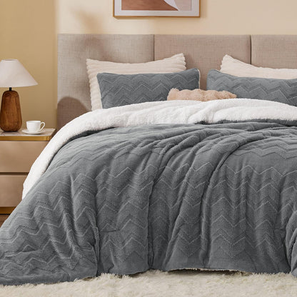 BEDELITE Fluffy Sherpa Queen Comforter Set,Grey