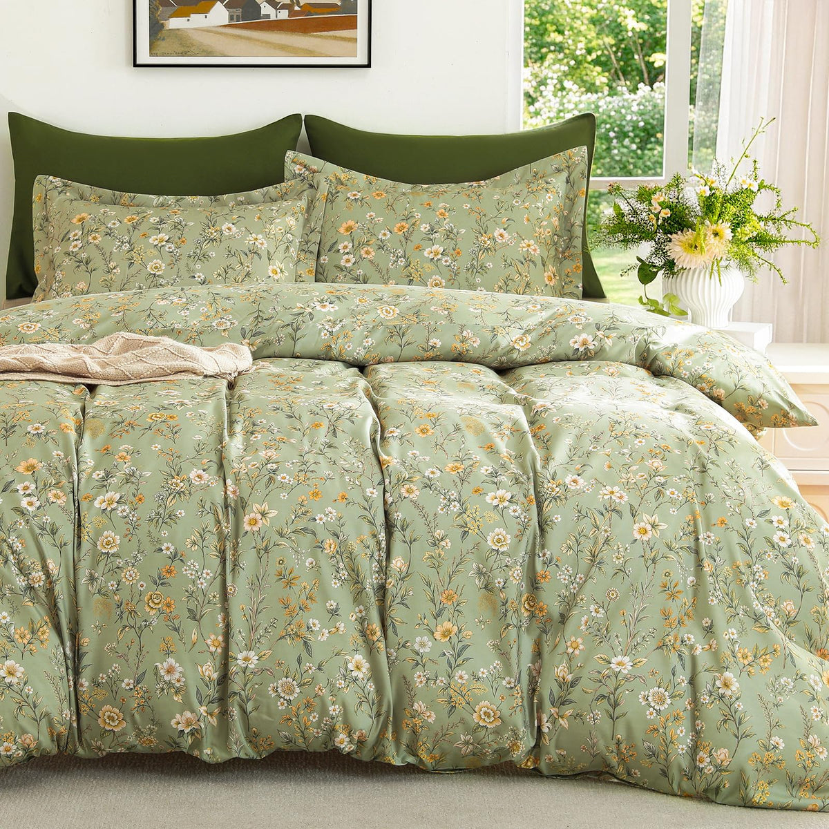 MUXHOMO Duvet Cover King Size, 3-Piece Floral Grey-Blue Bedding Set