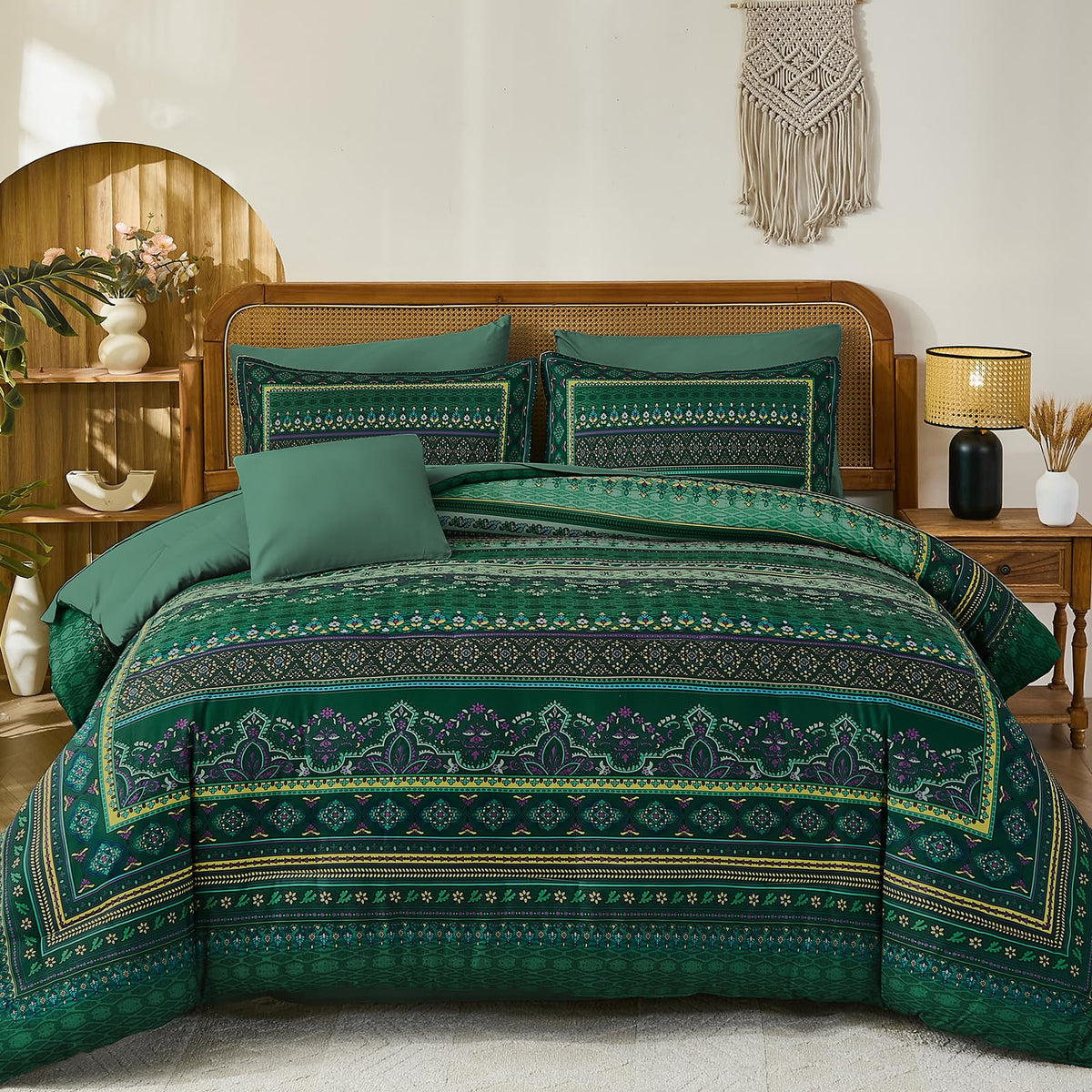 Cottolester Boho Comforter Set Queen Size 8 Piece Bed in a Bag Bohemian Striped Bedding Quilt Set Aqua Paisley Floral Comforter and Sheet Set,Soft Microfiber Complete Bedding Sets for All Season