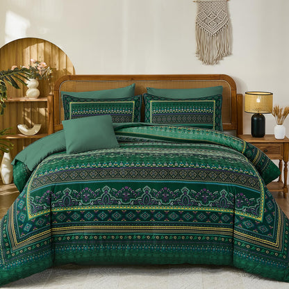 Cottolester Boho Comforter Set Queen Size 8 Piece Bed in a Bag Bohemian Striped Bedding Quilt Set Aqua Paisley Floral Comforter and Sheet Set,Soft Microfiber Complete Bedding Sets for All Season