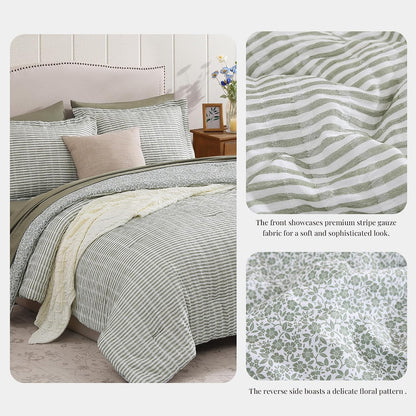 BLOOMHAVEN Queen Comforter Set-7 Pieces Green Plaid Floral Bedding Set
