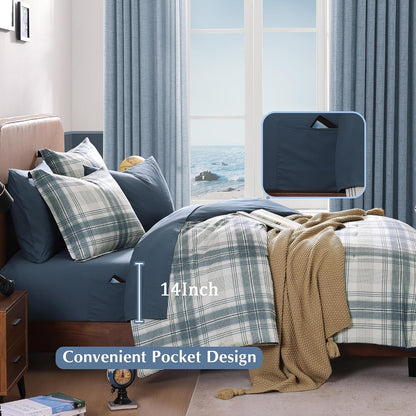 Plaid Full Size Comforter Set Blue Grey 7 Pieces Farmhouse Bed in a Bag