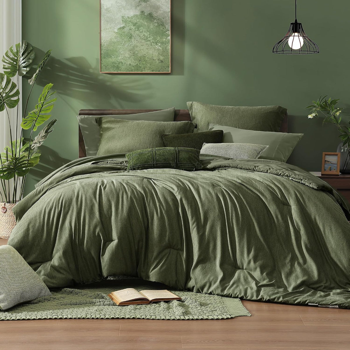 Monbix Queen Comforter Set 7 Pieces Cationic Green Bed in a Bag