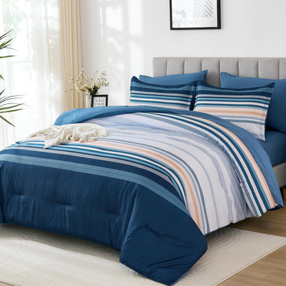 Dobuyly Teal Queen Comforter Set 7 Pieces, Blue Boho Striped Bed in a Bag Queen Size Soft Microfiber All Season Bedding Set with Comforter, Sheets, Pillowcases & Shams