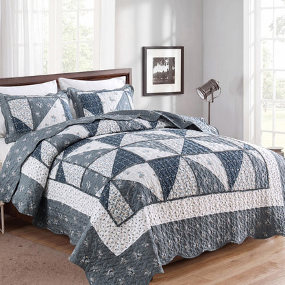 VIVILINEN Blue Floral Patchwork Quilt Set King Size Reversible Quilted Bedding Set with 2 Pillowcases