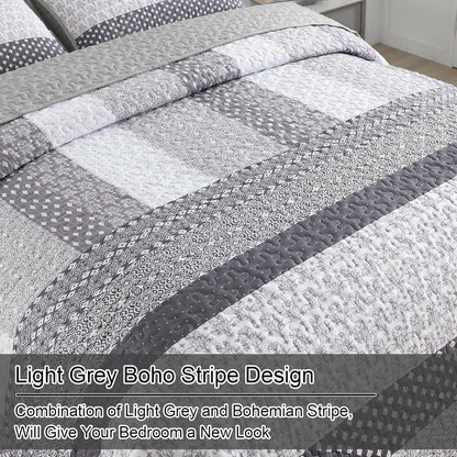WONGS BEDDING Grey Queen Size Quilt Set, Boho Striped Bedspread