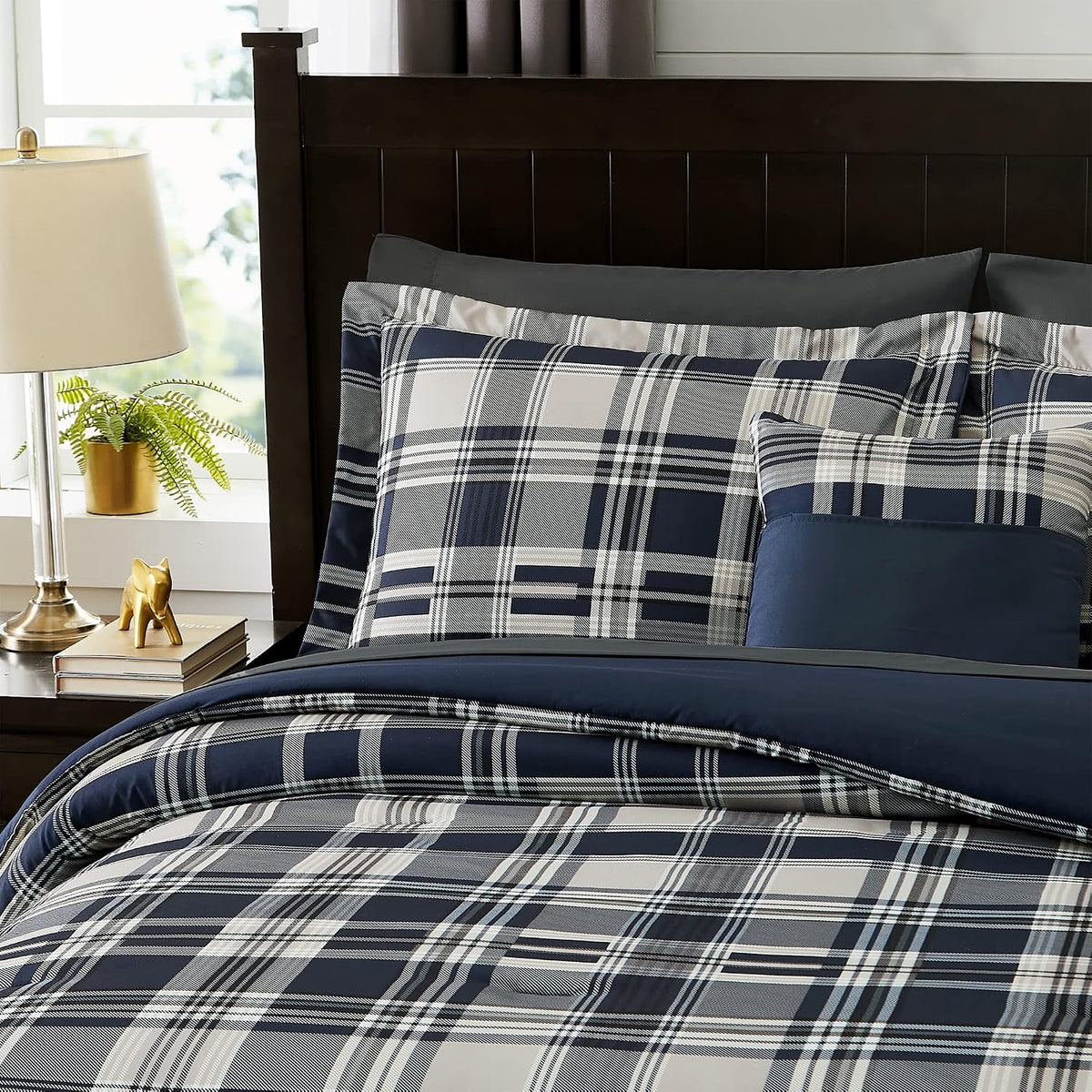 MaiRêve Plaid Queen Comforter Set Navy Blue 7 Pieces Bed in a Bag