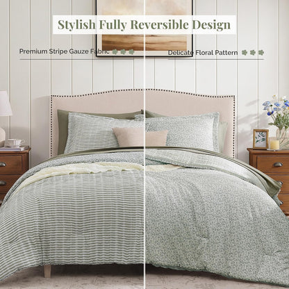 BLOOMHAVEN Queen Comforter Set-7 Pieces Green Plaid Floral Bedding Set