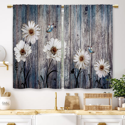 Teal Farmhouse Daisy Kitchen Curtains Wooden Flower Small Short Cafe Window Curtains Rustic Floral Butterfly Country Bathroom Drapes Treatment Tier Curtains 2 Panels (27.5x39 Inch)