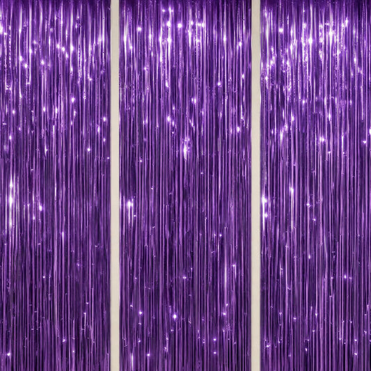 DECOCKRAT 3 Pack Foil Fringe Backdrop - Purple Shiny Tinsel Curtains for Party Decoration/Photo Booth Props - 3.3x8.2 FT Metallic Foil Backdrop for Birthday, Wedding, Graduation, Christmas.