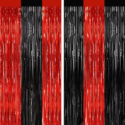 GCB 2Pack Black Metallic Tinsel Foil Fringe Curtain, Black Curtain Backdrop