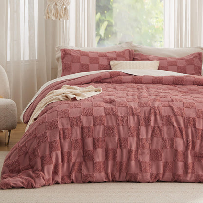 Bedsure Comforters Queen Set Boho, Vintage Plaid Bedding Set Beige 3 Pcs