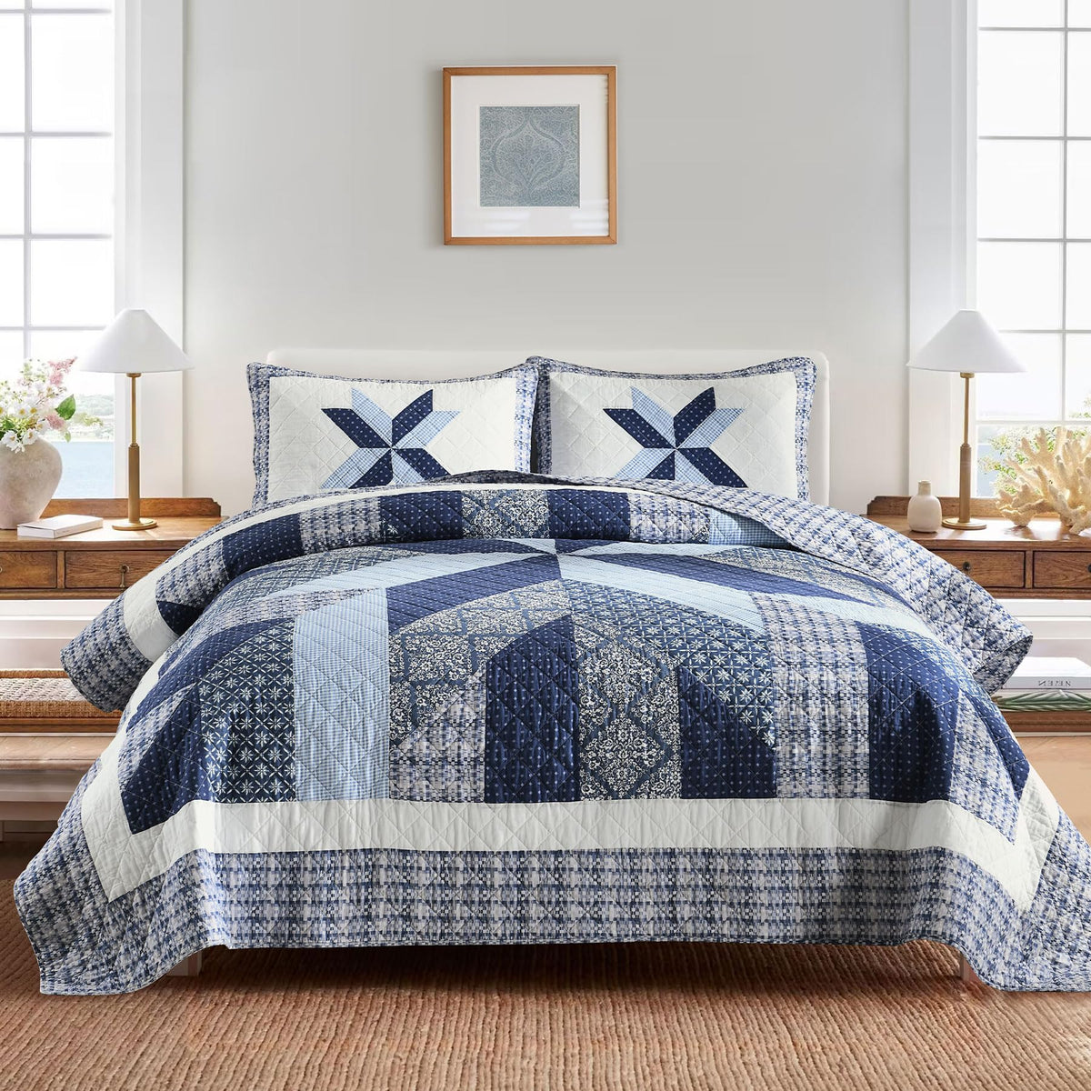 Secgo Queen Comforter Set for Bed - 100% Cotton Quilts Queen Size, Green, Sage Bedspreads (90 * 98 Inch) with 2 Pillow Shams, Patchwork Reversible Lightweight Bedding