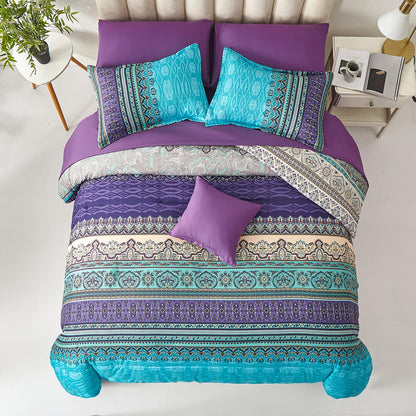 Cottolester Boho Comforter Set Queen Size 8 Piece Bed in a Bag Bohemian Striped Bedding Quilt Set Aqua Paisley Floral Comforter and Sheet Set,Soft Microfiber Complete Bedding Sets for All Season