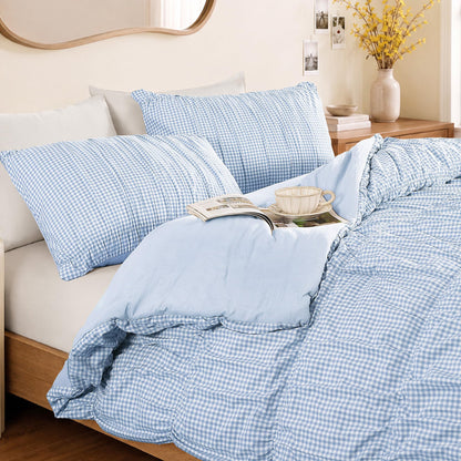 Full Size Comforter Sets - 3 Pieces Blue Ruched Floral Full Bedding Set