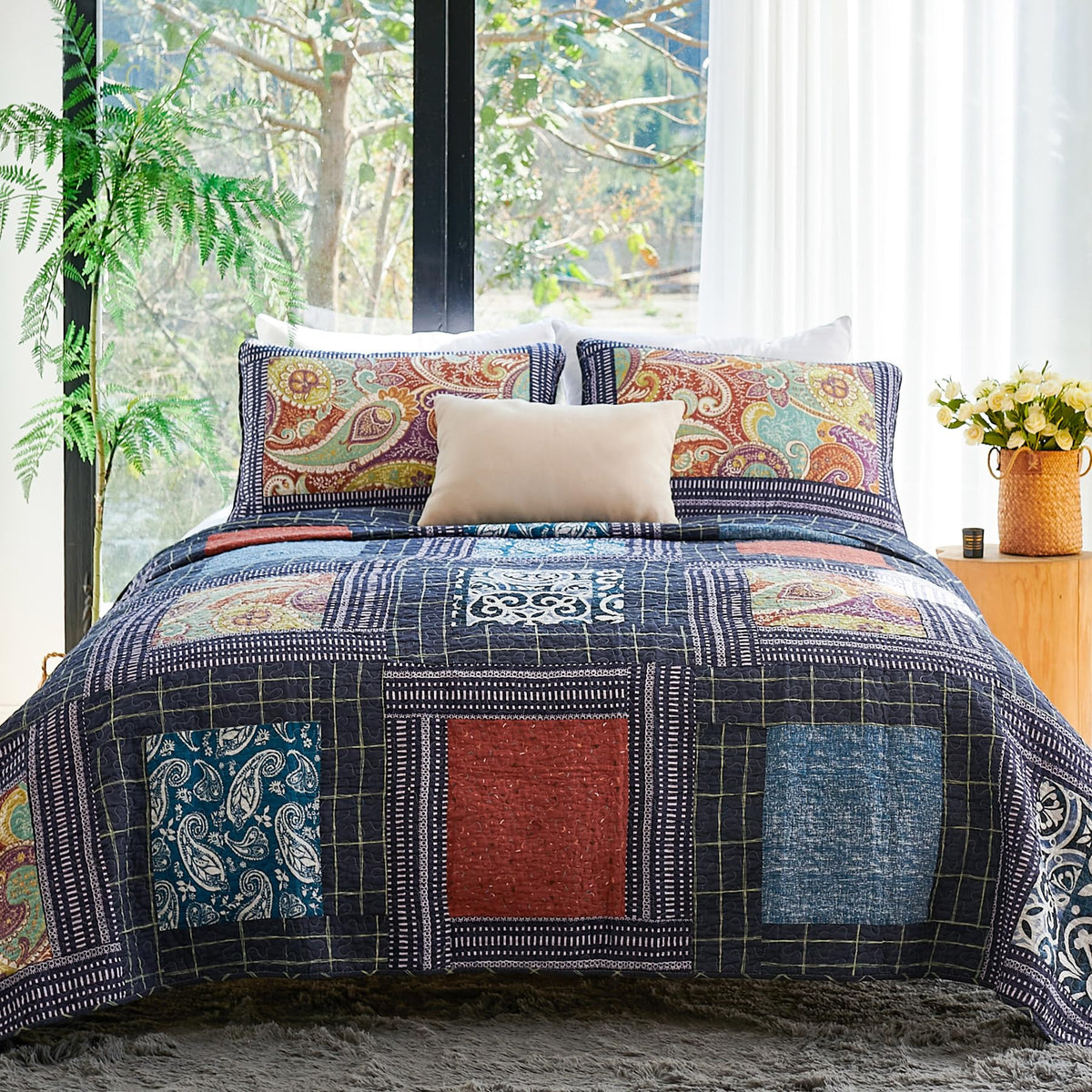 Secgo Queen Comforter Set for Bed - 100% Cotton Quilts Queen Size, Green, Sage Bedspreads (90 * 98 Inch) with 2 Pillow Shams, Patchwork Reversible Lightweight Bedding