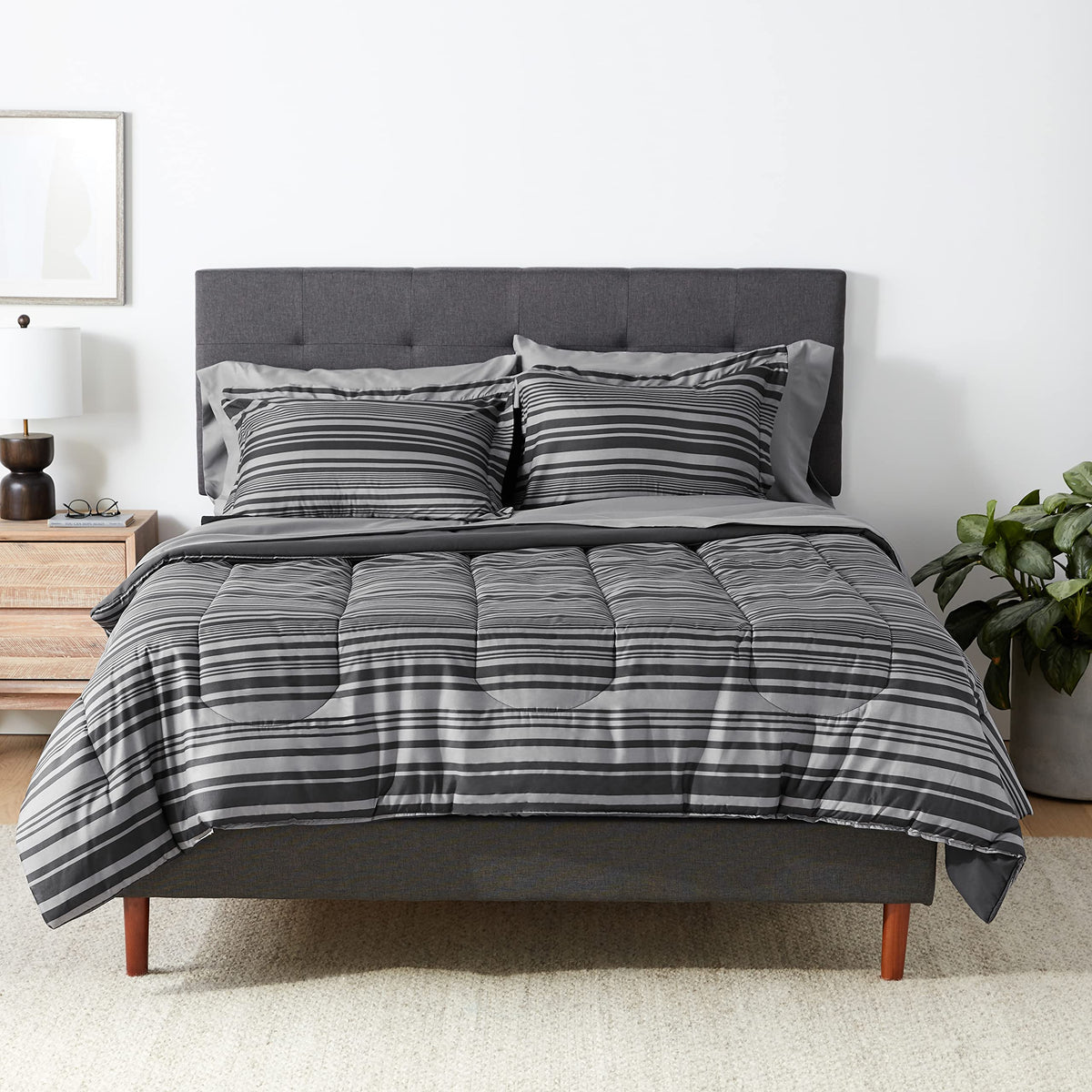 Amazon Basics 5-Piece Lightweight Microfiber Comforter Set with Sheets, Bed-in-a-Bag, Gray Calvin Striped Bedding, Twin/Twin XL