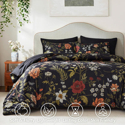 Litanika Floral Black King Comforter Set-7 Piece Botanical Birds Bedding