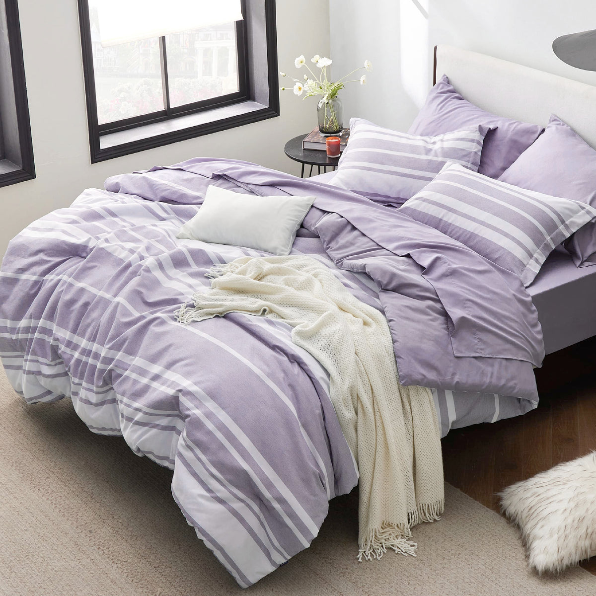 Bedsure Full Comforter Set 7 Pc, Grey Striped, Reversible, All-Season