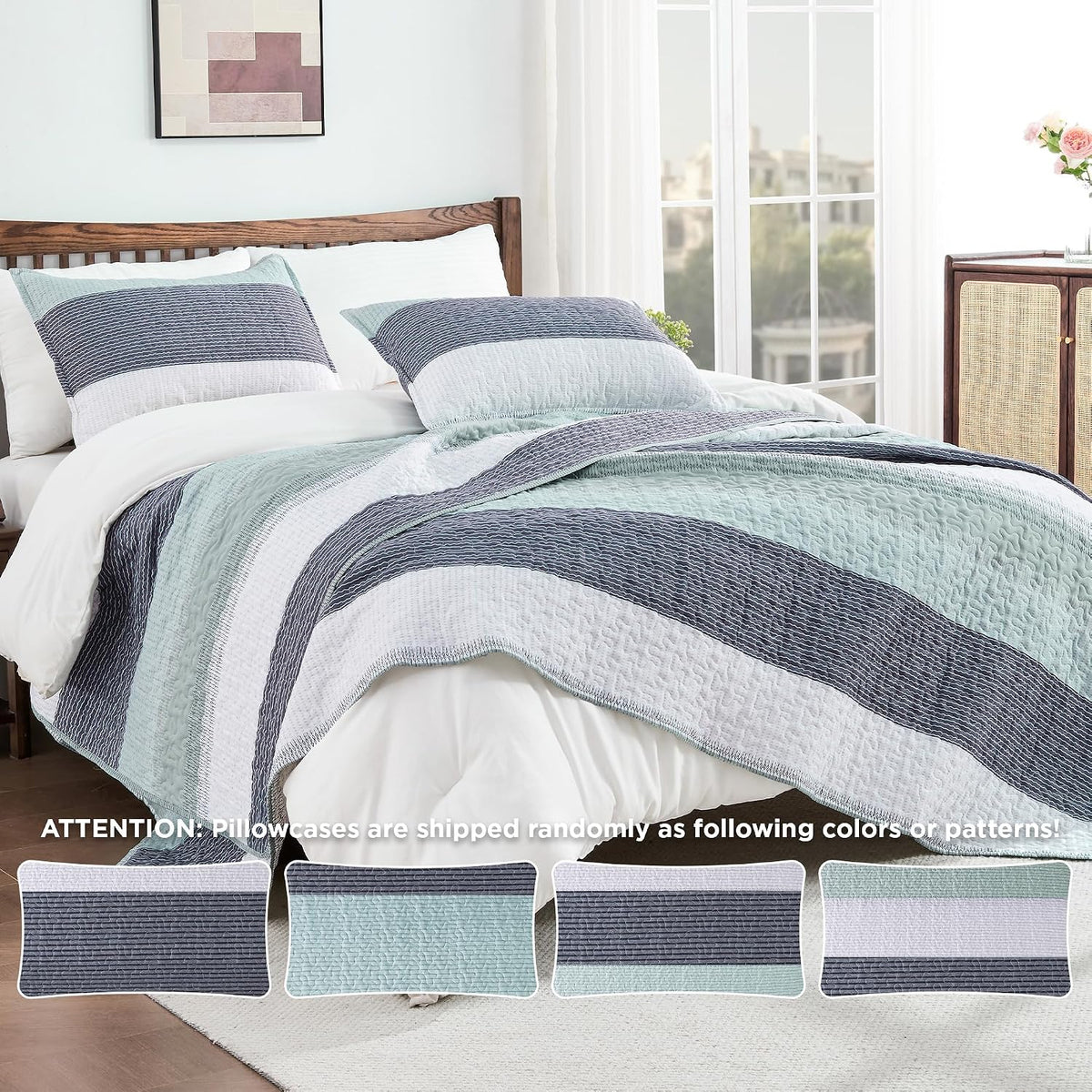 Andency Queen Quilt Bedding Set Sage Green, 3 Pieces Striped Bedspreads