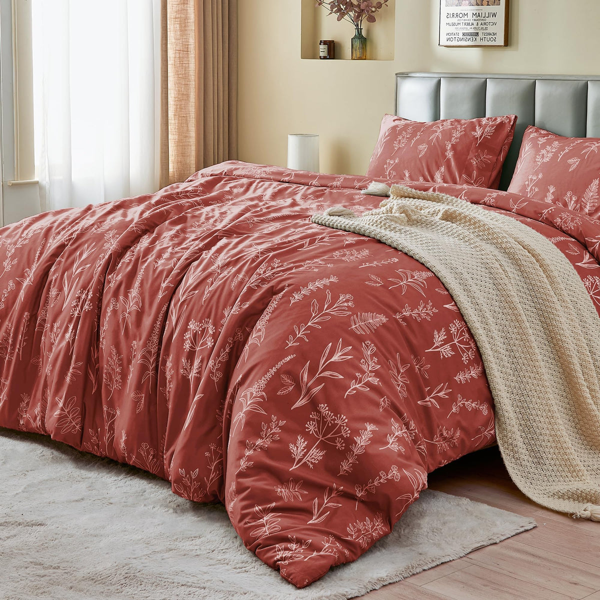 MUXHOMO Duvet Cover King Size, 3-Piece Floral Grey-Blue Bedding Set