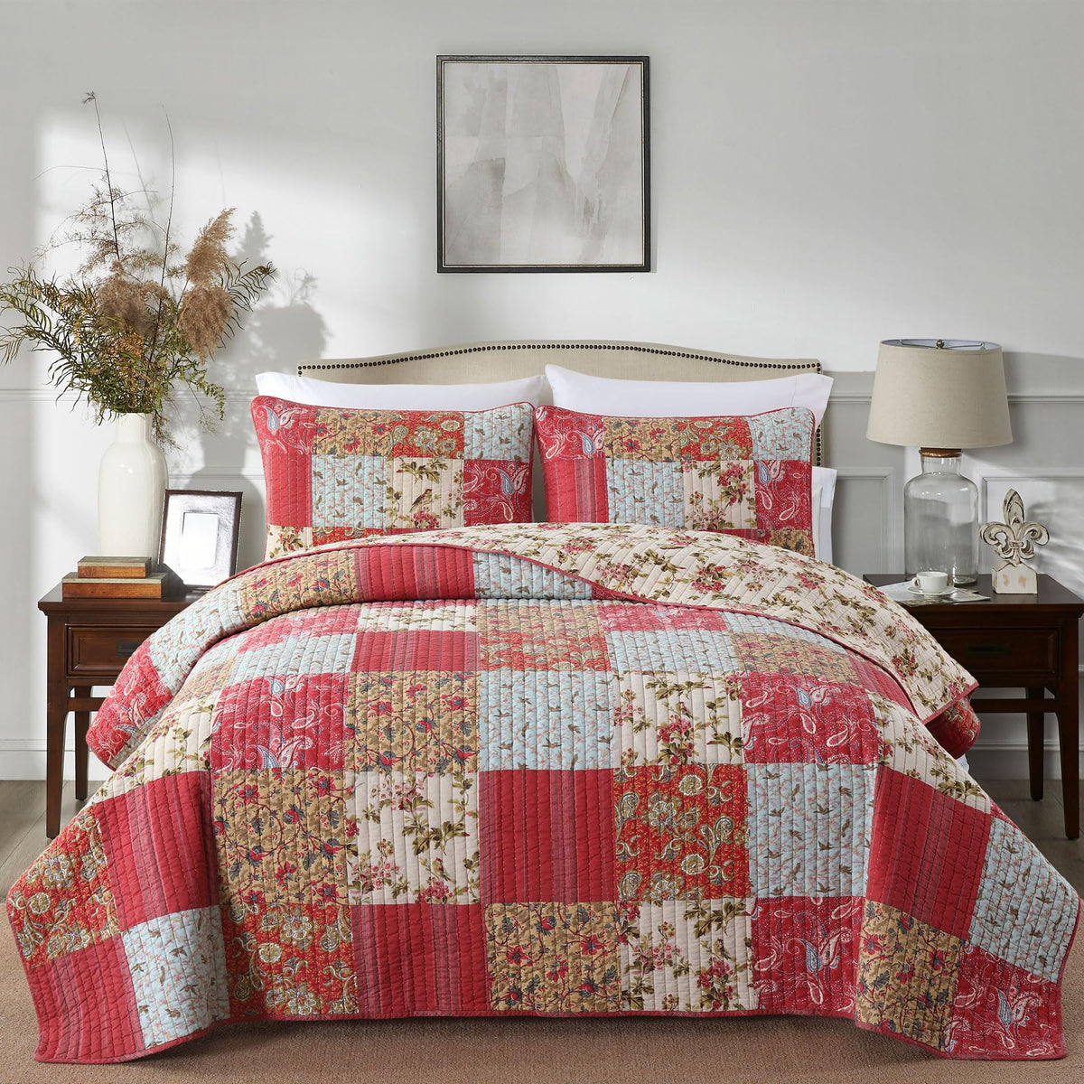 Secgo Queen Comforter Set for Bed - 100% Cotton Quilts Queen Size, Green, Sage Bedspreads (90 * 98 Inch) with 2 Pillow Shams, Patchwork Reversible Lightweight Bedding