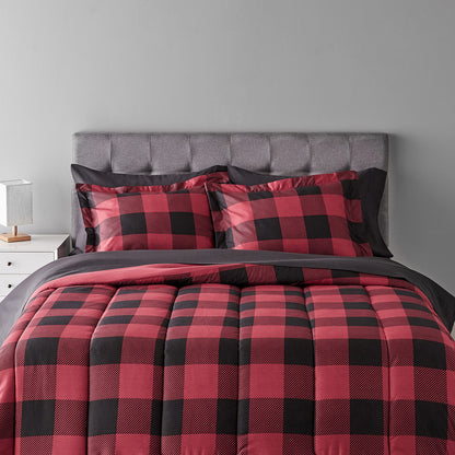 Amazon Basics Full/Queen Comforter Set with Sheets, 7-Piece Blue Stripe Bedding, Lightweight Microfiber Bed-in-a-Bag, Striped