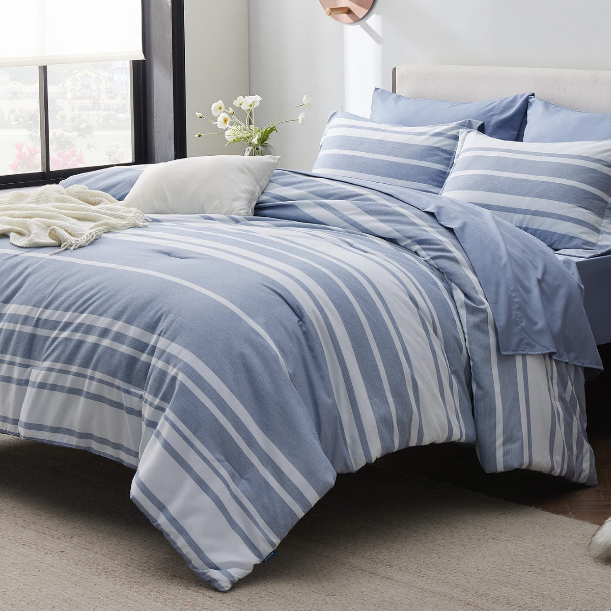 Bedsure Full Comforter Set 7 Pc, Grey Striped, Reversible, All-Season
