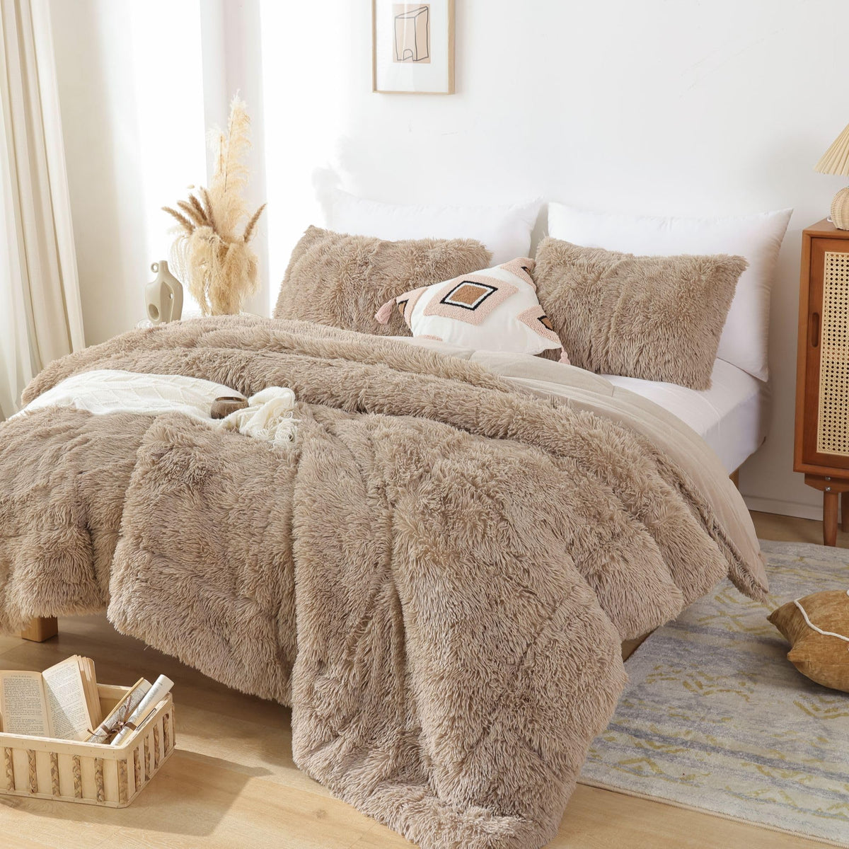 Smoofy Fluffy Queen Comforter Set, Faux Fur Pink Comforter Set 3 Pcs