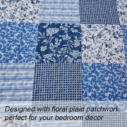 Mybedsoul Boho Quilts Queen Size, Patchwork Floral Bedding Set, Blue