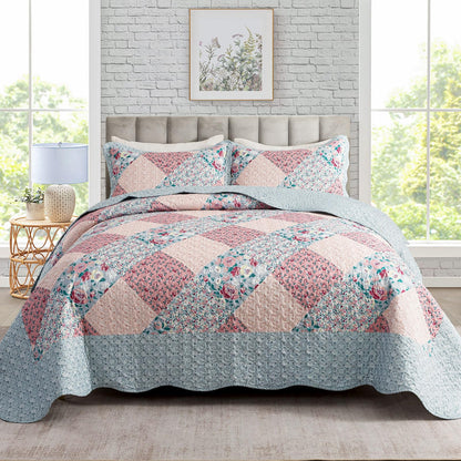 Travan 3-Piece Quilt Set Quilted Bedspread Lightweight Coverlet Set Garden Style Floral Printed Oversized Quilted Bedding Set with Shams for All Season, Exquisite, King Size