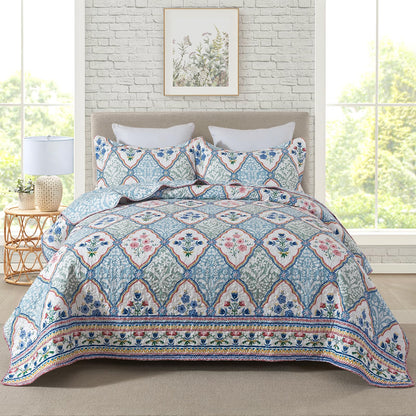 Travan 3-Piece Quilt Set Quilted Bedspread Lightweight Coverlet Set Garden Style Floral Printed Oversized Quilted Bedding Set with Shams for All Season, Exquisite, King Size