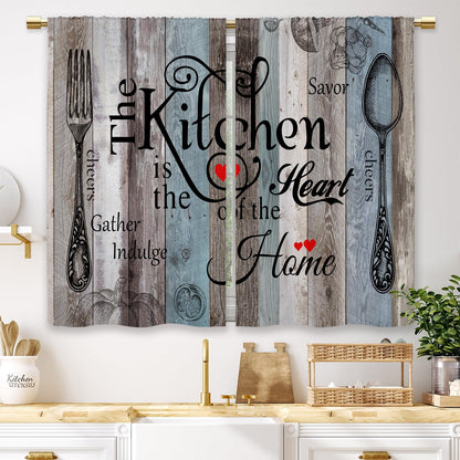 Teal Farmhouse Daisy Kitchen Curtains Wooden Flower Small Short Cafe Window Curtains Rustic Floral Butterfly Country Bathroom Drapes Treatment Tier Curtains 2 Panels (27.5x39 Inch)