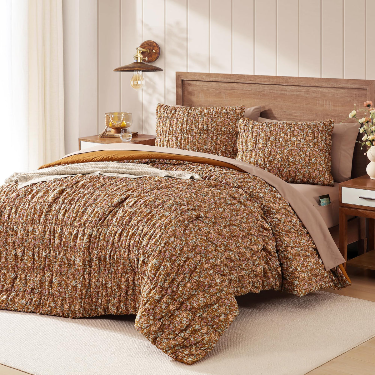 Full Size Comforter Sets - 3 Pieces Blue Ruched Floral Full Bedding Set