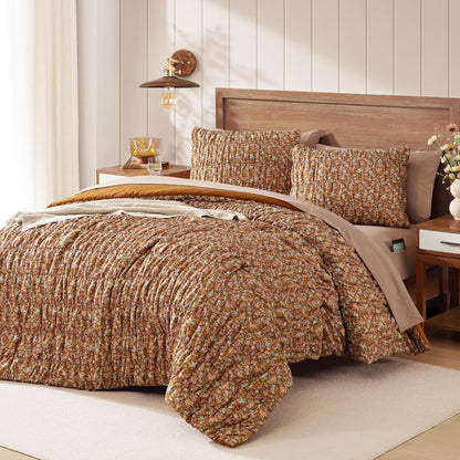 Full Size Comforter Sets - 3 Pieces Blue Ruched Floral Full Bedding Set